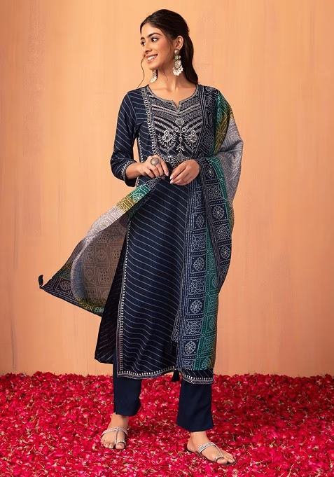 Blue Striped Embroidered Muslin Kurta With Pants And Printed Dupatta