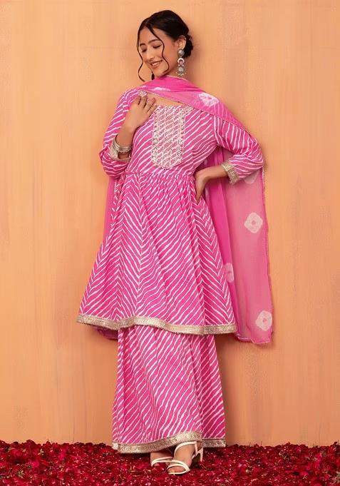 Pink Leheriya Print Cotton Sharara With Kurta And Chiffon Dupatta - Image 3