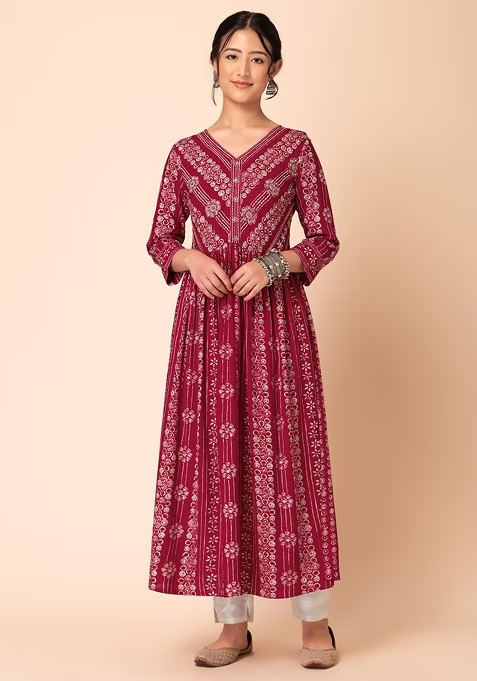 Red Batik Print Rayon Anarkali Kurta - Image 2