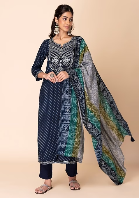 Blue Striped Embroidered Muslin Kurta With Pants And Printed Dupatta - Image 2