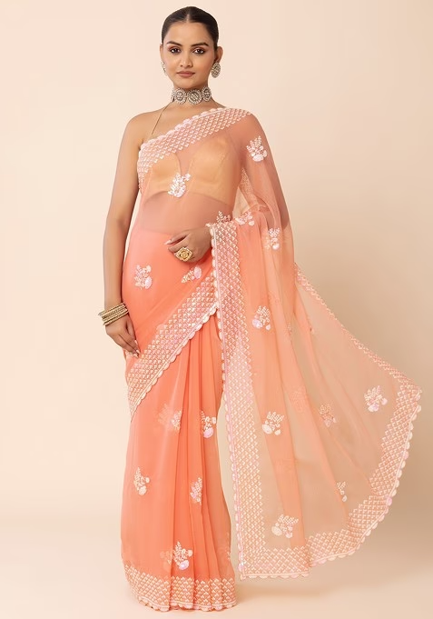 Peach Hologram Sequin Floral Boota Embroidered Saree With Blouse - Image 3