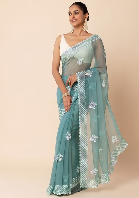 Sea Green Hologram Sequin Floral Boota Embroidered Saree With Blouse - Image 2