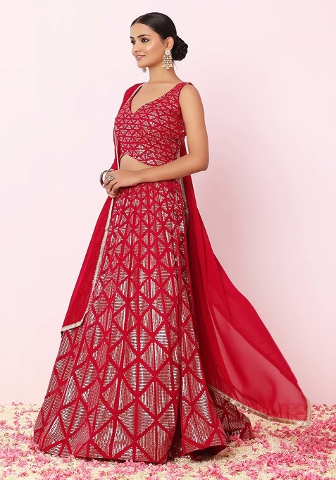 Berry Pink Matte Sequin Embroidered Lehenga Set With Embroidered Blouse And Dupatta - Image 2