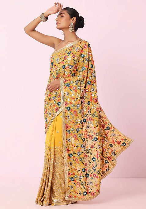 Mustard Tonal Multicolour Floral Embroidered Saree With Blouse - Image 2