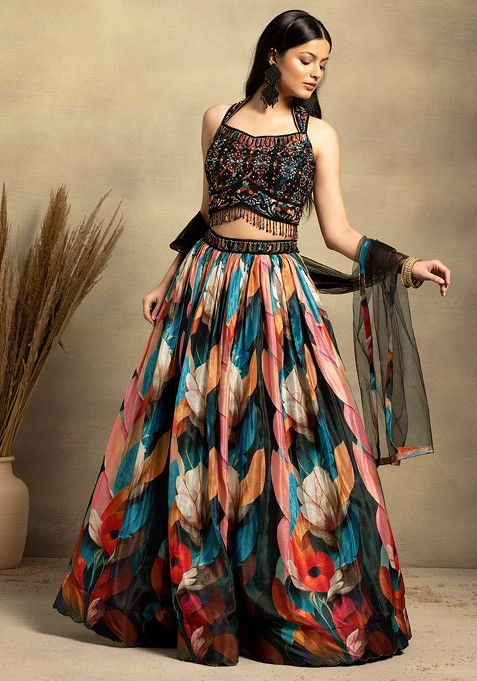 Black Multicolour Floral Print Lehenga Set With Embellished Blouse And Dupatta - Image 2