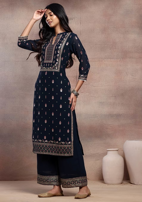 Navy Blue Mughal Boota Print Anarkali Kurta With Pants And Dupatta - Image 2