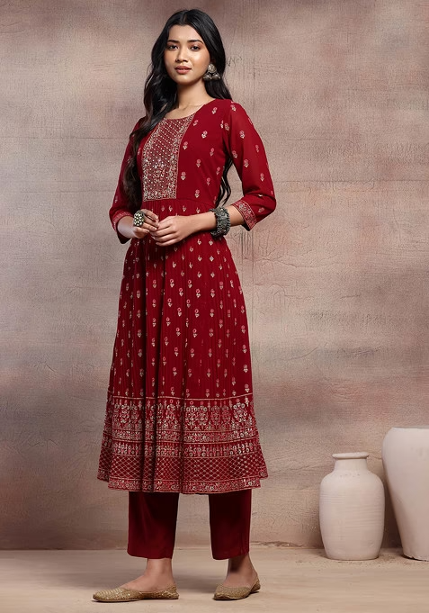 Maroon Mughal Boota Print Anarkali Kurta With Pants And Dupatta - Image 3
