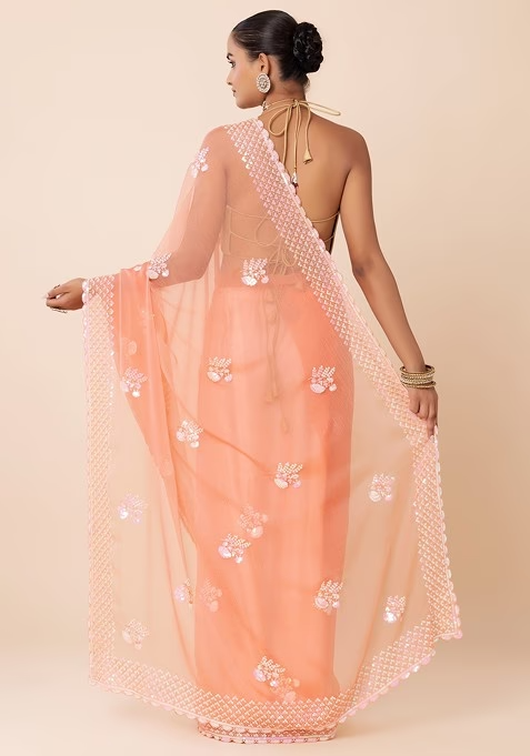 Peach Hologram Sequin Floral Boota Embroidered Saree With Blouse - Image 4