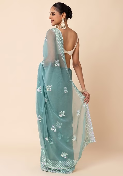 Sea Green Hologram Sequin Floral Boota Embroidered Saree With Blouse - Image 4