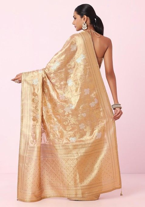 Sage Green Floral Embroidered Jacquard Silk Saree With Blouse - Image 3