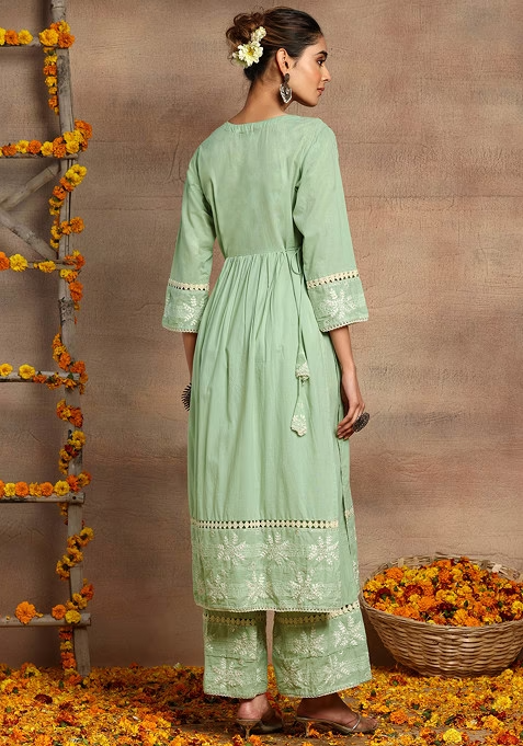 Mint Green Embroidered Cotton Kurta And Pants - Image 3