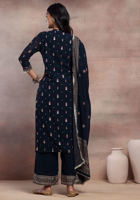 Navy Blue Mughal Boota Print Anarkali Kurta With Pants And Dupatta - Image 4