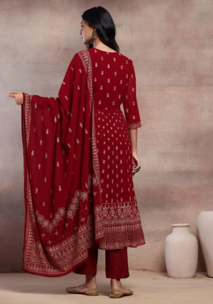 Maroon Mughal Boota Print Anarkali Kurta With Pants And Dupatta