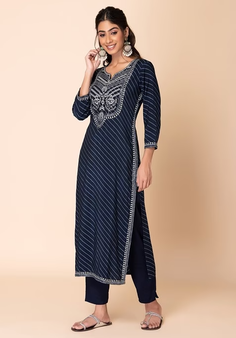 Blue Striped Embroidered Muslin Kurta With Pants And Printed Dupatta - Image 3