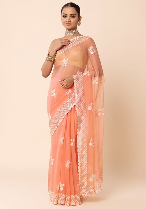 Peach Hologram Sequin Floral Boota Embroidered Saree With Blouse - Image 2