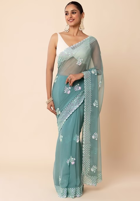 Sea Green Hologram Sequin Floral Boota Embroidered Saree With Blouse - Image 3