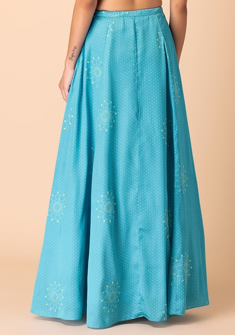 Light Blue Bandhani Print Satin Lehenga Skirt - Image 4