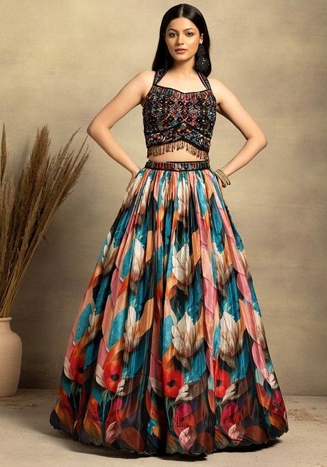 Black Multicolour Floral Print Lehenga Set With Embellished Blouse And Dupatta - Image 3