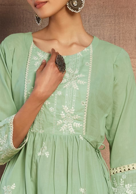 Mint Green Embroidered Cotton Kurta And Pants - Image 4