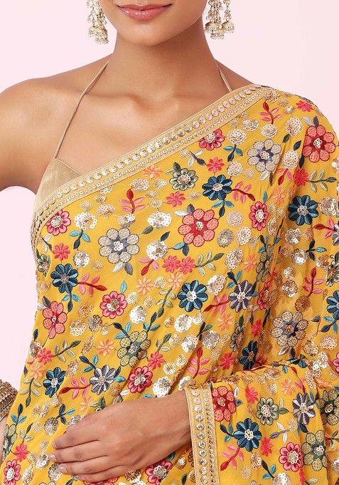 Mustard Tonal Multicolour Floral Embroidered Saree With Blouse - Image 4