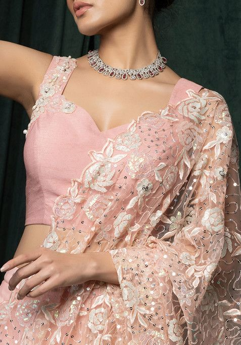 Peach Floral Sequin Embroidered Mesh Pre-Stitched Saree Set With Embroidered Blouse - Image 4