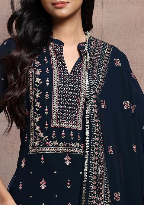 Navy Blue Mughal Boota Print Anarkali Kurta With Pants And Dupatta - Image 3