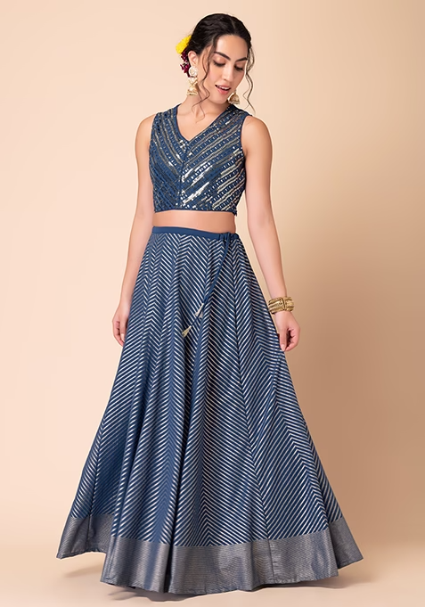 Blue Foil Print Kalidar Lehenga Skirt - Image 2
